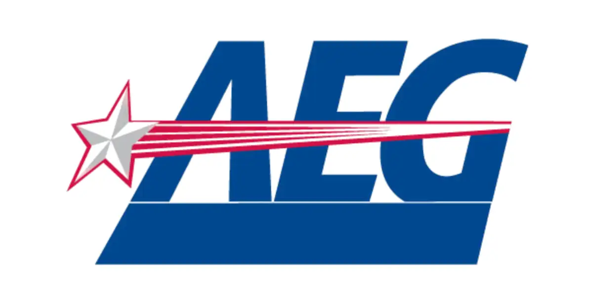 Graphic logo that reads: "AEG"
